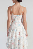 White Blue Flower Spaghetti Straps A Line Maxi Wedding Guest Dress with Ruffles