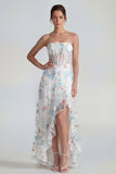 White Blue Flower Strapless Corset A Line Maxi Wedding Guest Dress with Ruffles