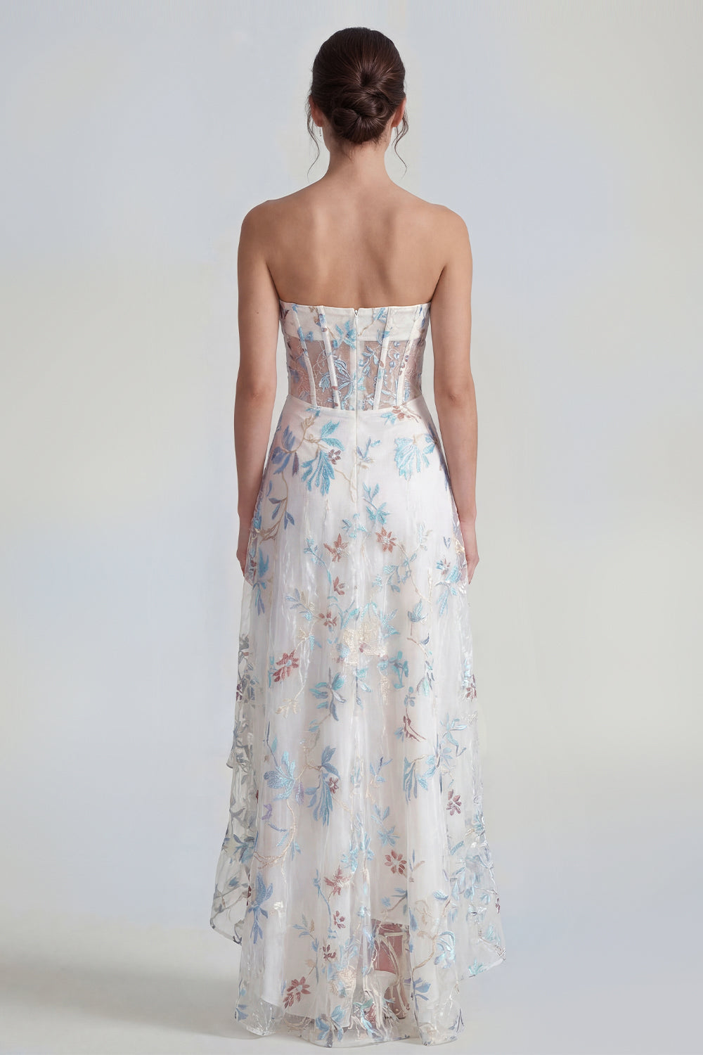 White Blue Flower Strapless Corset A Line Maxi Wedding Guest Dress with Ruffles