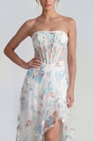 White Blue Flower Strapless Corset A Line Maxi Wedding Guest Dress with Ruffles