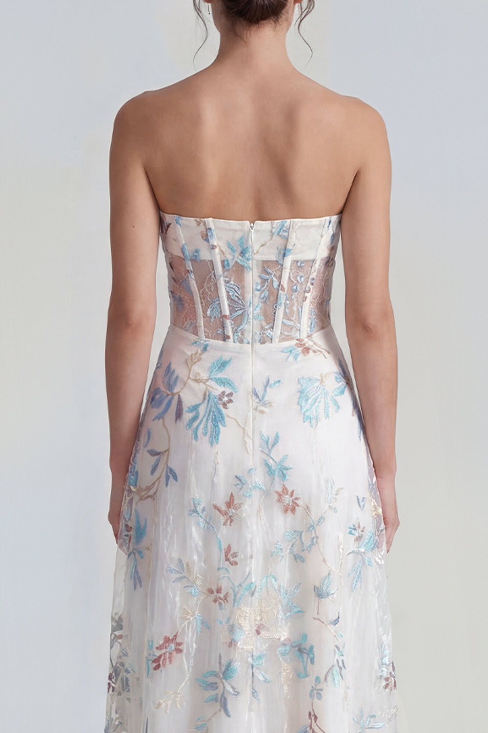 White Blue Flower Strapless Corset A Line Maxi Wedding Guest Dress with Ruffles
