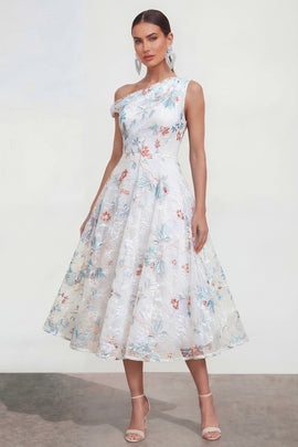 White Blue Flower One Shoulder A Line Maxi Wedding Guest Dress