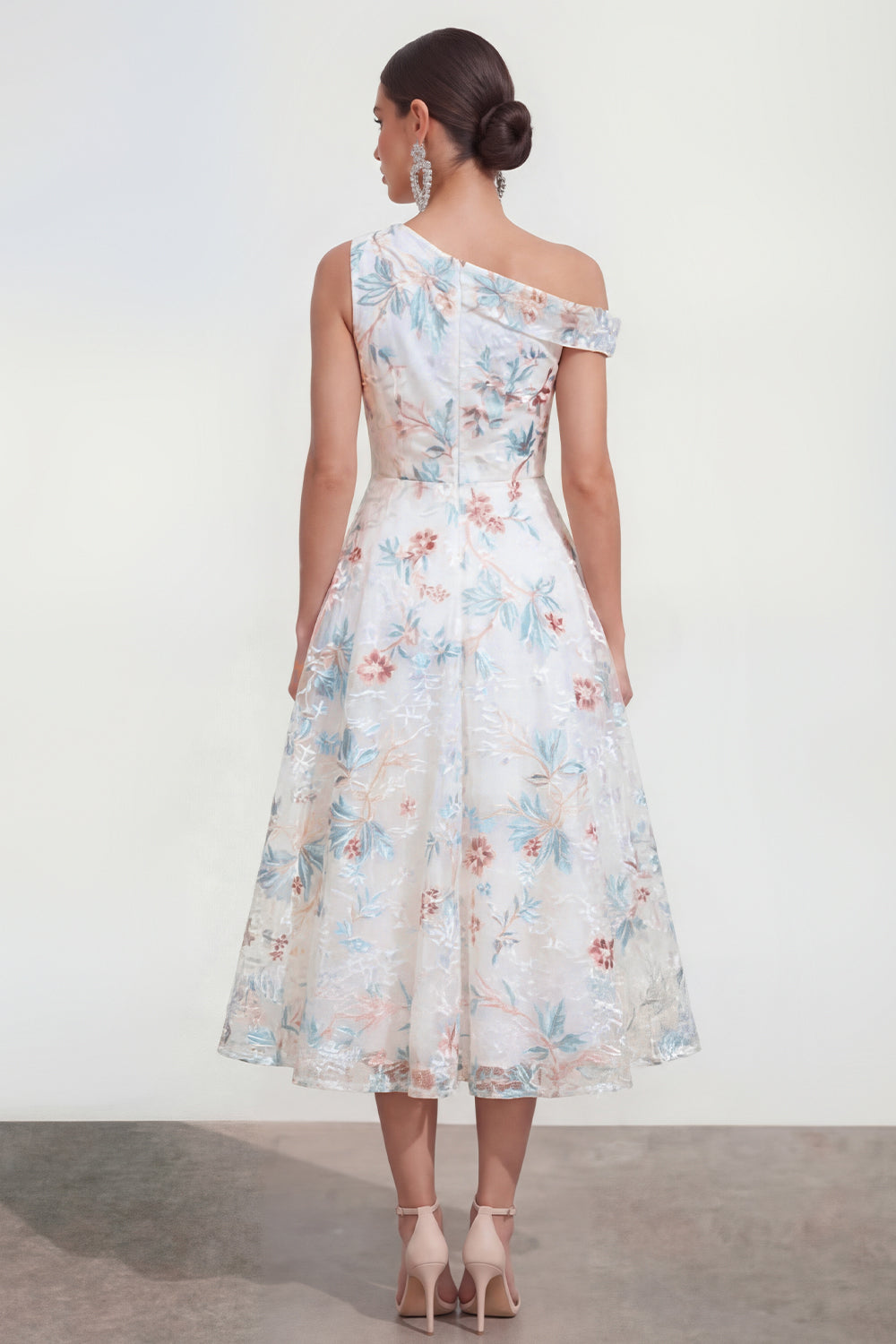 White Blue Flower One Shoulder A Line Maxi Wedding Guest Dress