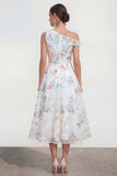 White Blue Flower One Shoulder A Line Maxi Wedding Guest Dress
