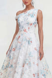 White Blue Flower One Shoulder A Line Maxi Wedding Guest Dress