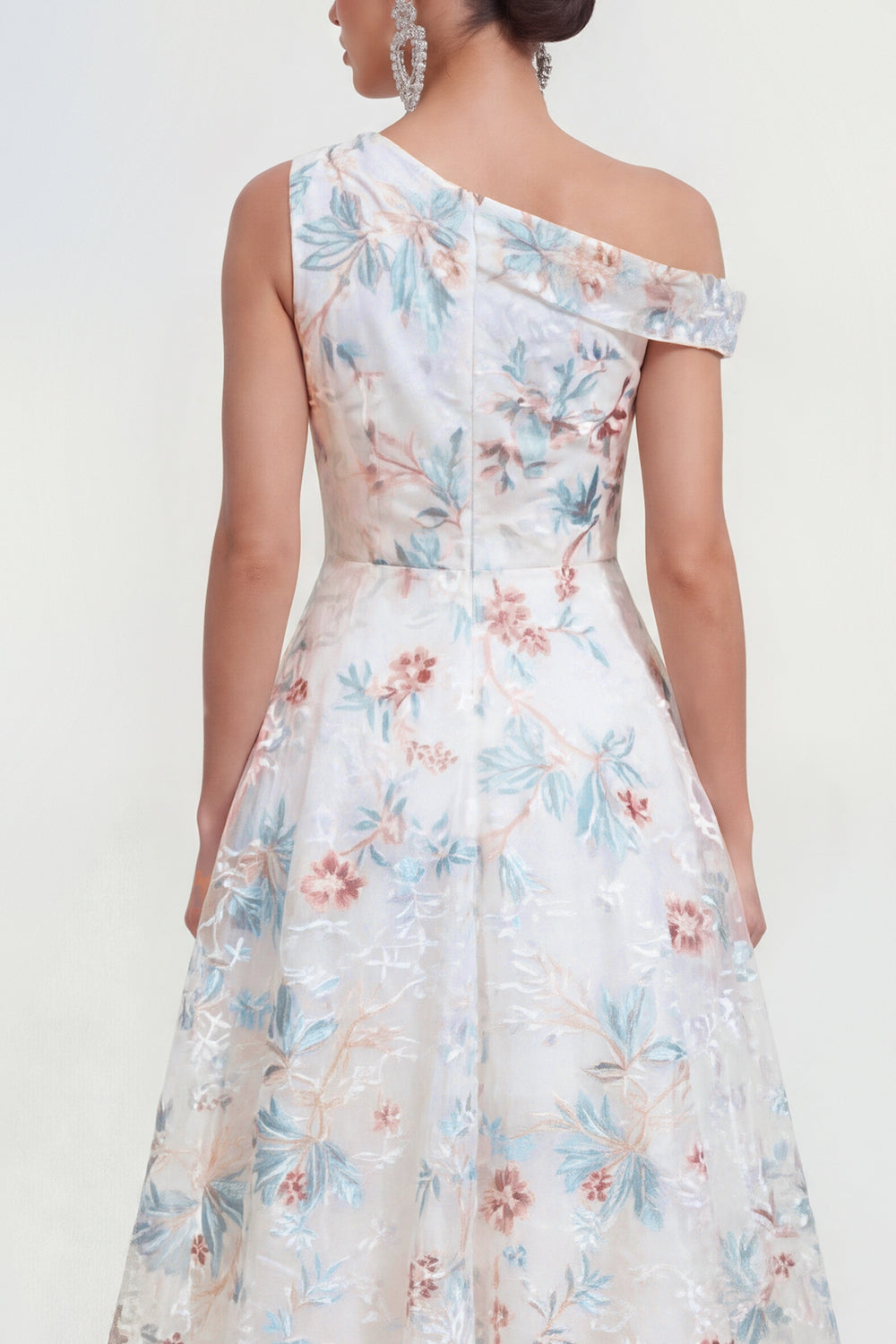 White Blue Flower One Shoulder A Line Maxi Wedding Guest Dress