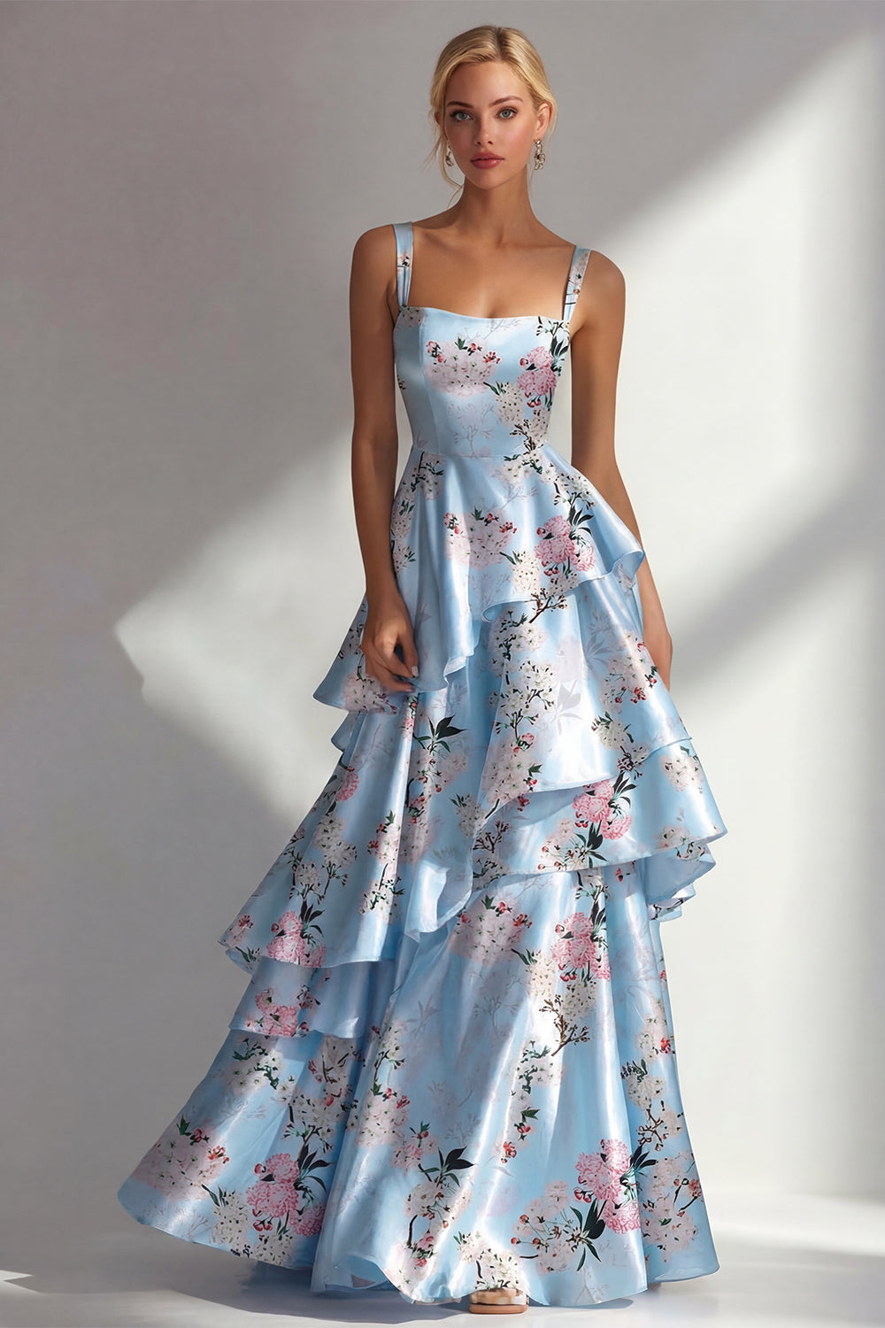 Blue A Line Floral Long Square Neck Wedding Guest Dress with Ruffles