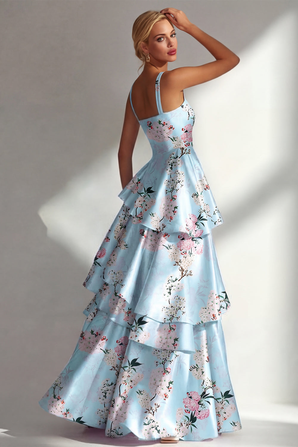 Blue A Line Floral Long Square Neck Wedding Guest Dress with Ruffles