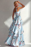 Blue A Line Floral Long Square Neck Wedding Guest Dress with Ruffles