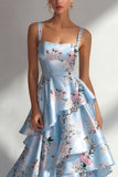 Blue A Line Floral Long Square Neck Wedding Guest Dress with Ruffles