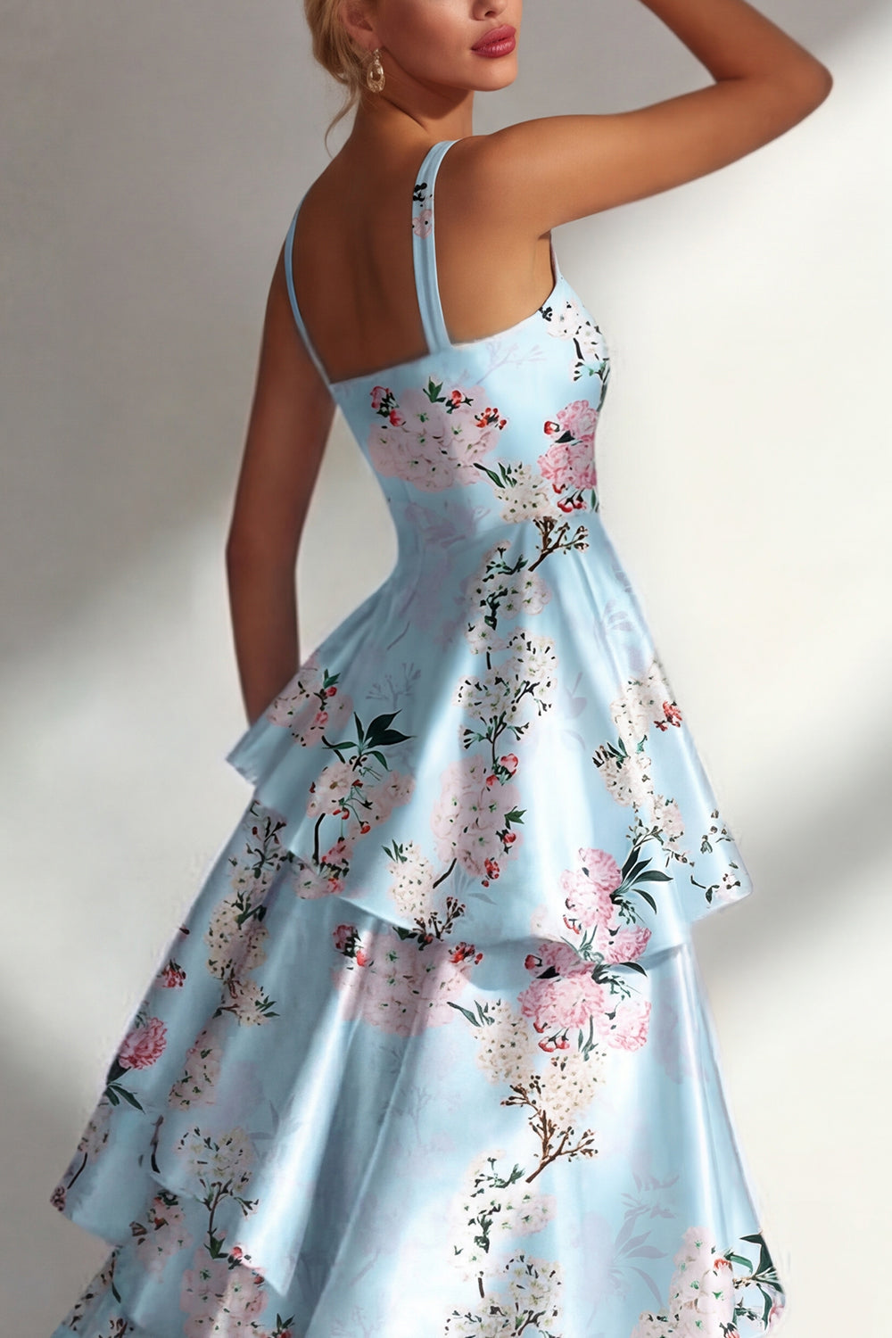 Blue A Line Floral Long Square Neck Wedding Guest Dress with Ruffles