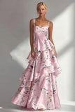 Blue A Line Floral Long Square Neck Wedding Guest Dress with Ruffles