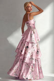 Blue A Line Floral Long Square Neck Wedding Guest Dress with Ruffles