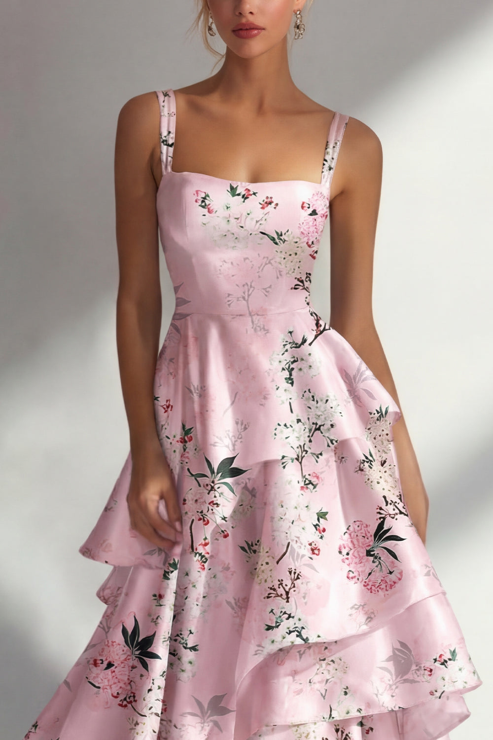 Blue A Line Floral Long Square Neck Wedding Guest Dress with Ruffles