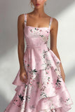 Blue A Line Floral Long Square Neck Wedding Guest Dress with Ruffles