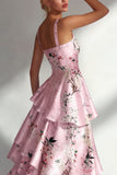 Blue A Line Floral Long Square Neck Wedding Guest Dress with Ruffles