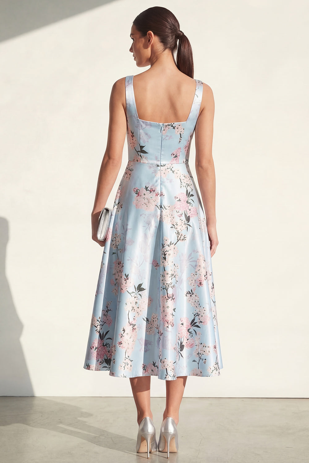 Blue A Line Floral Maxi Thick Straps Wedding Guest Dress