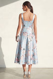 Blue A Line Floral Maxi Thick Straps Wedding Guest Dress