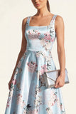 Blue A Line Floral Maxi Thick Straps Wedding Guest Dress
