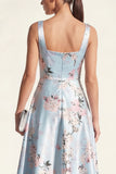 Blue A Line Floral Maxi Thick Straps Wedding Guest Dress