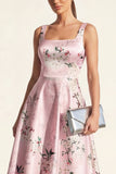 Blue A Line Floral Maxi Thick Straps Wedding Guest Dress