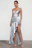 Long Spaghetti Straps Pink A Line Floral Wedding Guest Dress with Ruffles