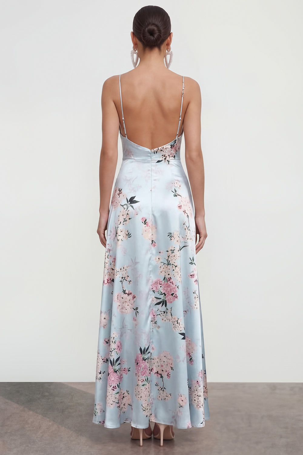 Long Spaghetti Straps Pink A Line Floral Wedding Guest Dress with Ruffles