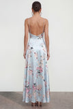 Long Spaghetti Straps Pink A Line Floral Wedding Guest Dress with Ruffles
