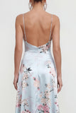Long Spaghetti Straps Pink A Line Floral Wedding Guest Dress with Ruffles