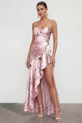 Long Spaghetti Straps Pink A Line Floral Wedding Guest Dress with Ruffles