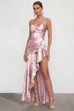Long Spaghetti Straps Pink A Line Floral Wedding Guest Dress with Ruffles