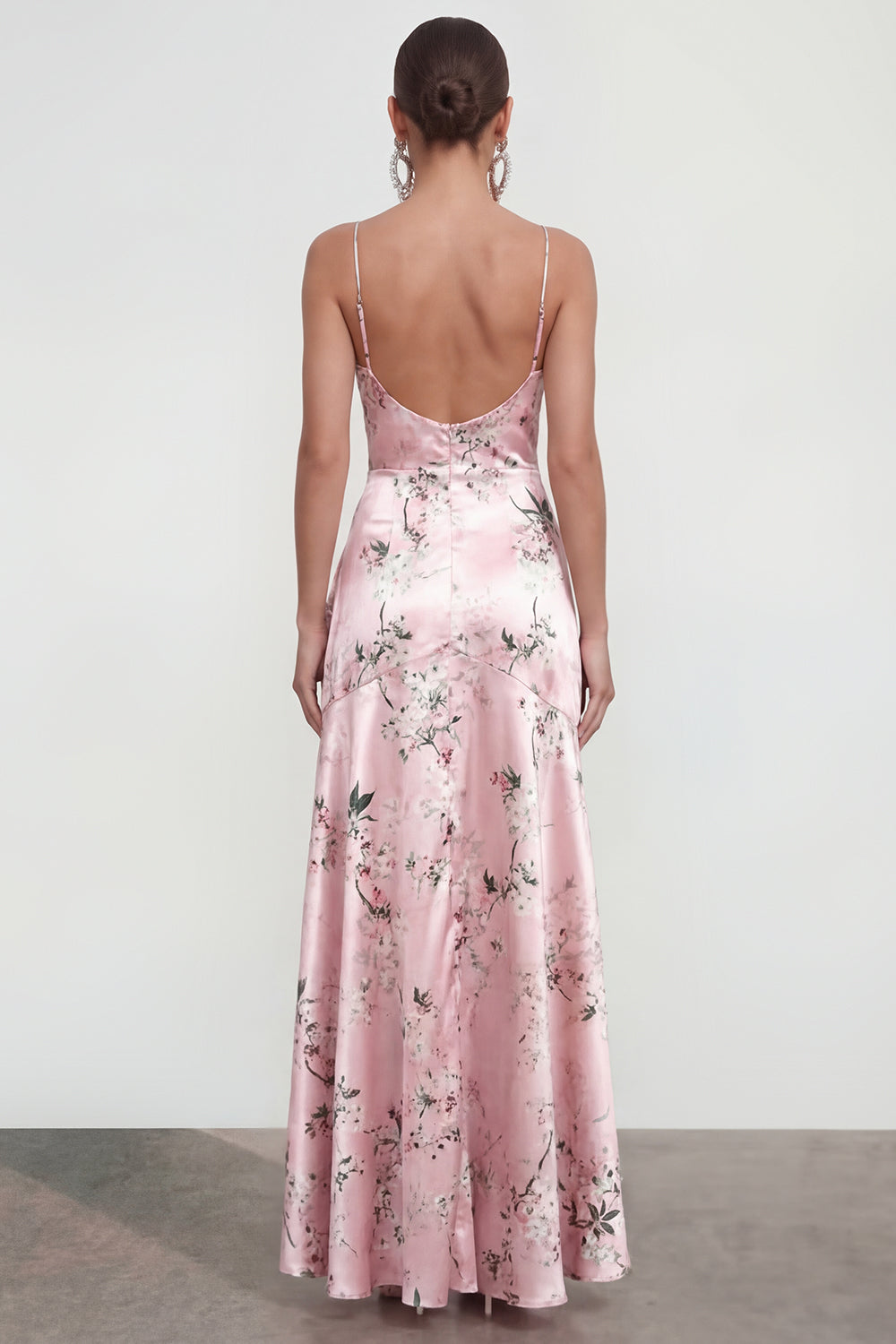 Long Spaghetti Straps Pink A Line Floral Wedding Guest Dress with Ruffles