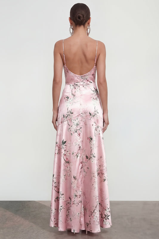 Long Spaghetti Straps Pink A Line Floral Wedding Guest Dress with Ruffles
