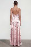 Long Spaghetti Straps Pink A Line Floral Wedding Guest Dress with Ruffles