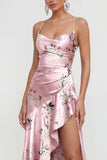 Long Spaghetti Straps Pink A Line Floral Wedding Guest Dress with Ruffles