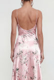 Long Spaghetti Straps Pink A Line Floral Wedding Guest Dress with Ruffles