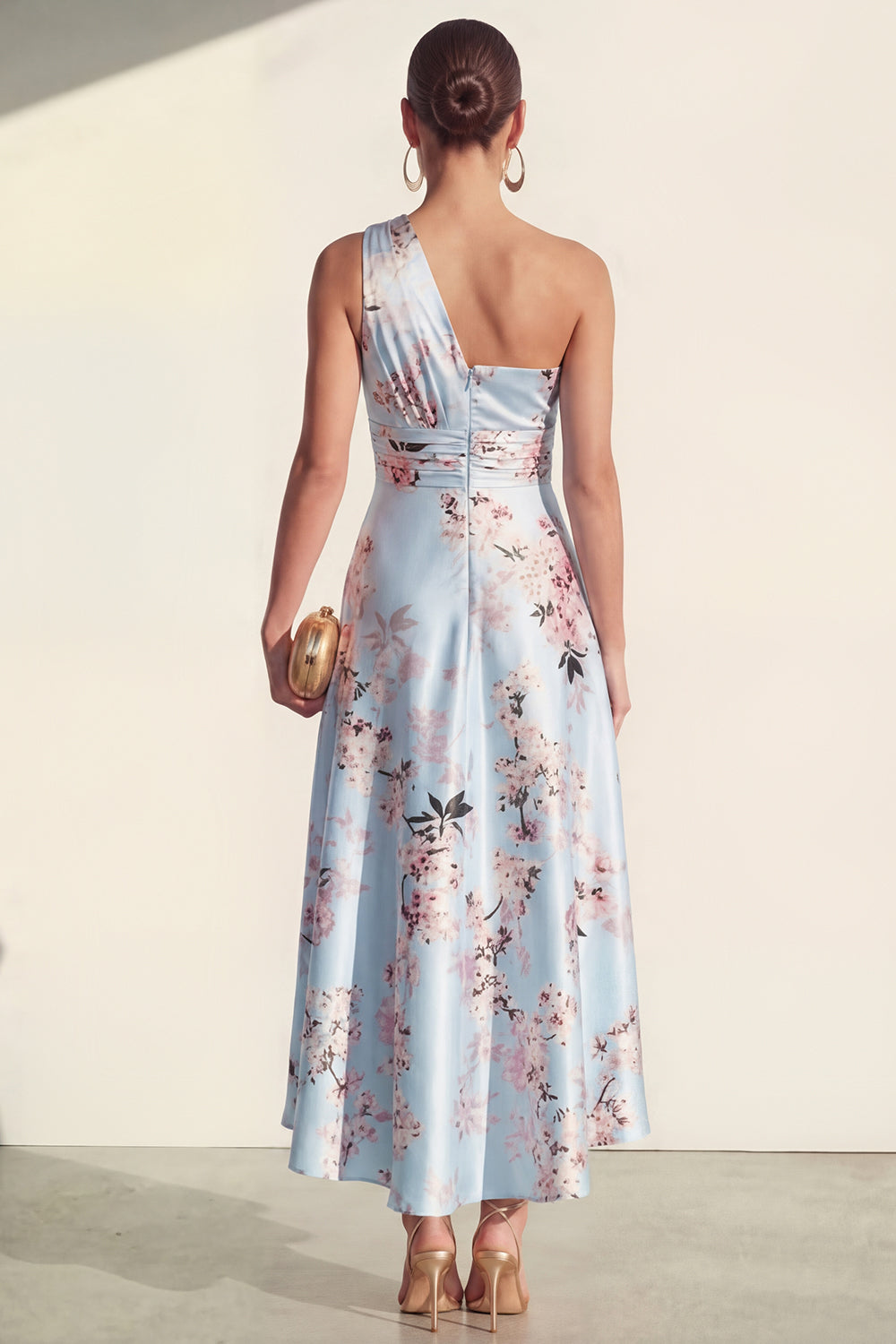 One Shoulder High Low Blue Ruched  A Line Floral Wedding Guest Dress