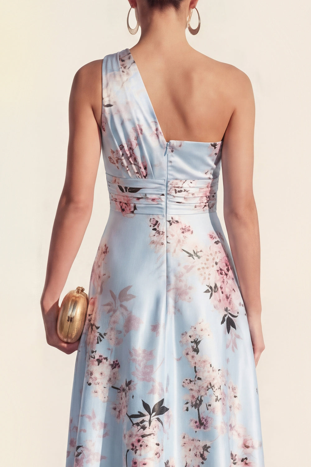 One Shoulder High Low Blue Ruched  A Line Floral Wedding Guest Dress