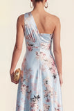 One Shoulder High Low Blue Ruched  A Line Floral Wedding Guest Dress