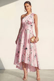 One Shoulder High Low Blue Ruched  A Line Floral Wedding Guest Dress
