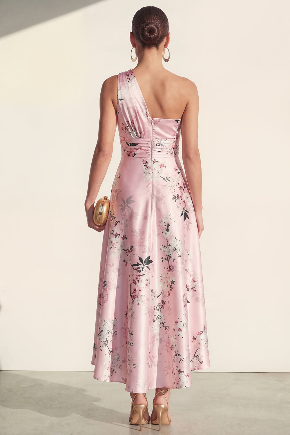 One Shoulder High Low Blue Ruched  A Line Floral Wedding Guest Dress