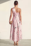 One Shoulder High Low Blue Ruched  A Line Floral Wedding Guest Dress