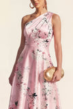 One Shoulder High Low Blue Ruched  A Line Floral Wedding Guest Dress