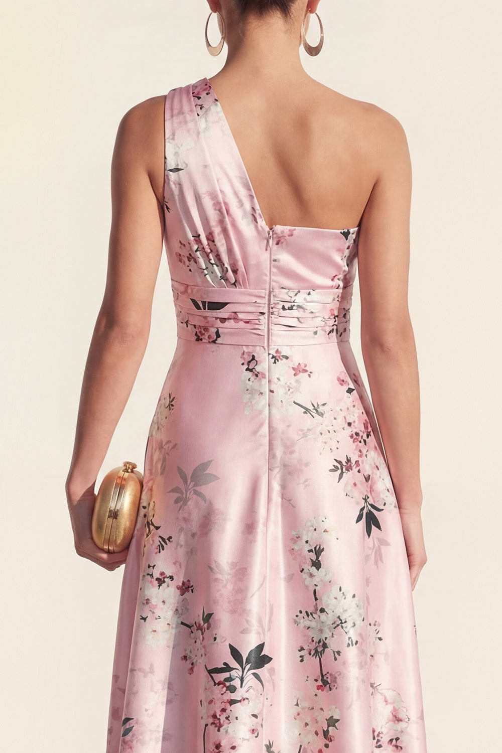 One Shoulder High Low Blue Ruched  A Line Floral Wedding Guest Dress