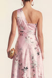 One Shoulder High Low Blue Ruched  A Line Floral Wedding Guest Dress