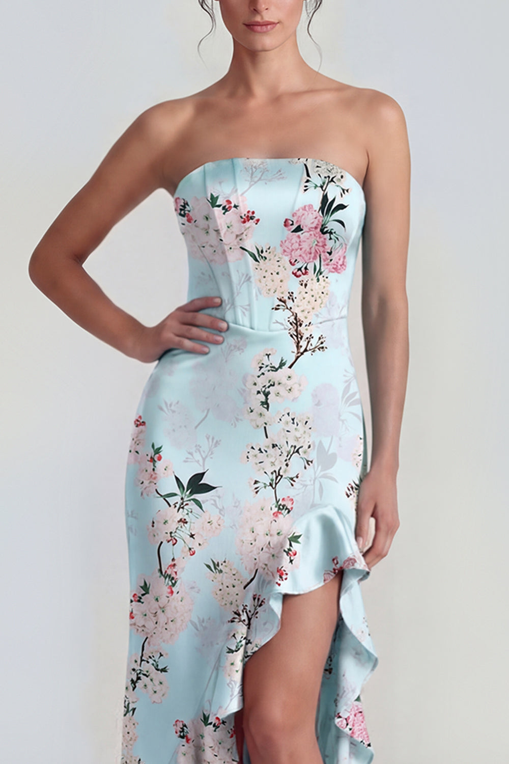 Corset Mermaid Long Pink Floral Wedding Guest Dress with Ruffles