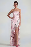 Corset Mermaid Long Pink Floral Wedding Guest Dress with Ruffles