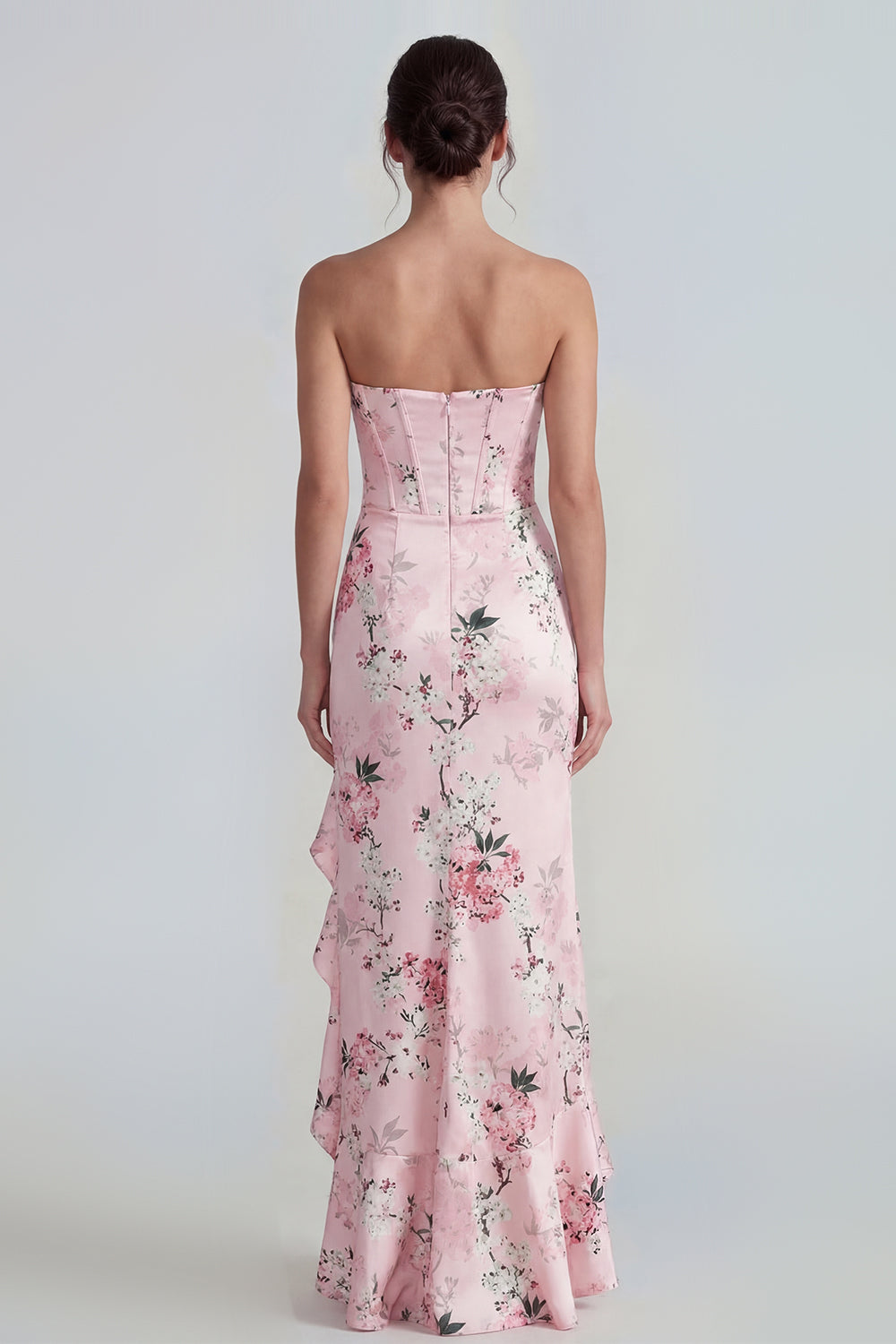 Corset Mermaid Long Pink Floral Wedding Guest Dress with Ruffles