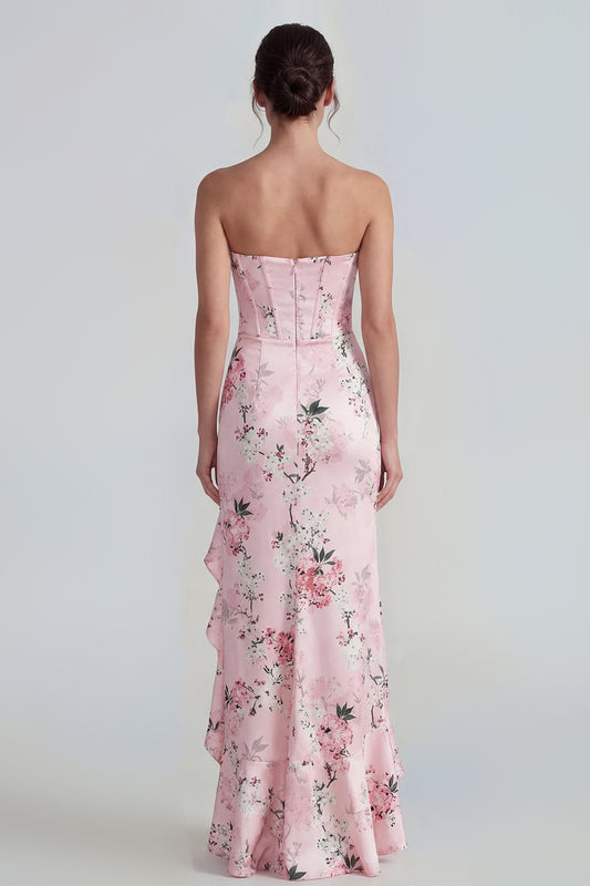 Corset Mermaid Long Pink Floral Wedding Guest Dress with Ruffles