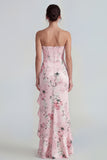Corset Mermaid Long Pink Floral Wedding Guest Dress with Ruffles